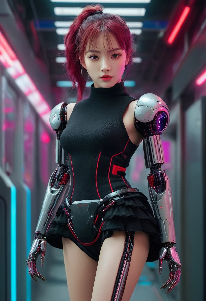 xxmixgirl. Highly detailed professional 35mm film, bokeh, face in sharp focus. A robotic female, Miku, with ((metal skin)), ((perfect Asian eyes)) with magenta irises and ((black pupils)), beautiful serious (detailed face), 18 year old ((photorealistic face)), very long magenta twin tails of magenta hair, twin black hair ties with a single red stripe. She may have a black audio headpiece. We can see her ((full body)) down to her boot soles. Her outfit is a sleeveless collared light grey shirt, outlined in red around the frilled collar and hems. Shiny reflective ((metallic breast cups, dimpleless)), invisible nipples. She wears black sleeves with red hems that start around her upper arm and bellow out as the sleeves open and extend to her wrists, with wide trumpet red rimmed cuffs. She has perfect robotic (detailed hands). She wears a red colored tie with two horizontal solid parallel black lines halfway across. She wears a fabric black skirt with a horizontal red hem at the bottom all the way around; her (((black skirt wraps around her))) and ((her skirt completely covers)) her robotic waist and thighs. Tall black boots with red bottom soles, a red rim around the top at her thighs. Her mechanical shoulder joints are visible. We can see her robotic legs and robotic neck. Half of her is covered with shiny polished machinery. The background is a distant dark neon futuristic Japanese city, gold, cyan, violet neon, near harbor or mountains.