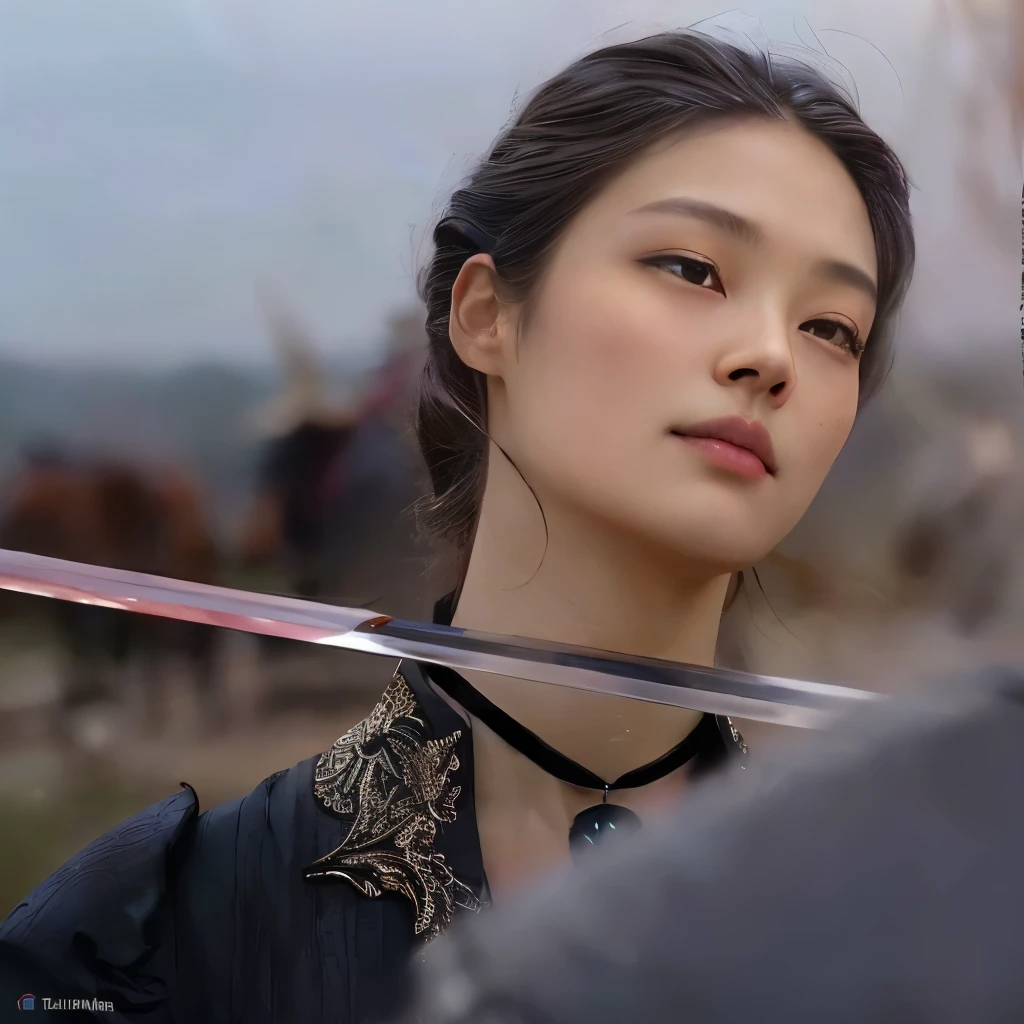 there is a woman holding a sword in her hand, ornate korean polearm behind her, holding a sword on her shoulder, inspired by Zhu Derun, inspired by Chen Yifei, still from a live action movie, by Zhang Han, mingchen shen, promotional still, inspired by Yun Du-seo, iu lee ji-eun as a super villain