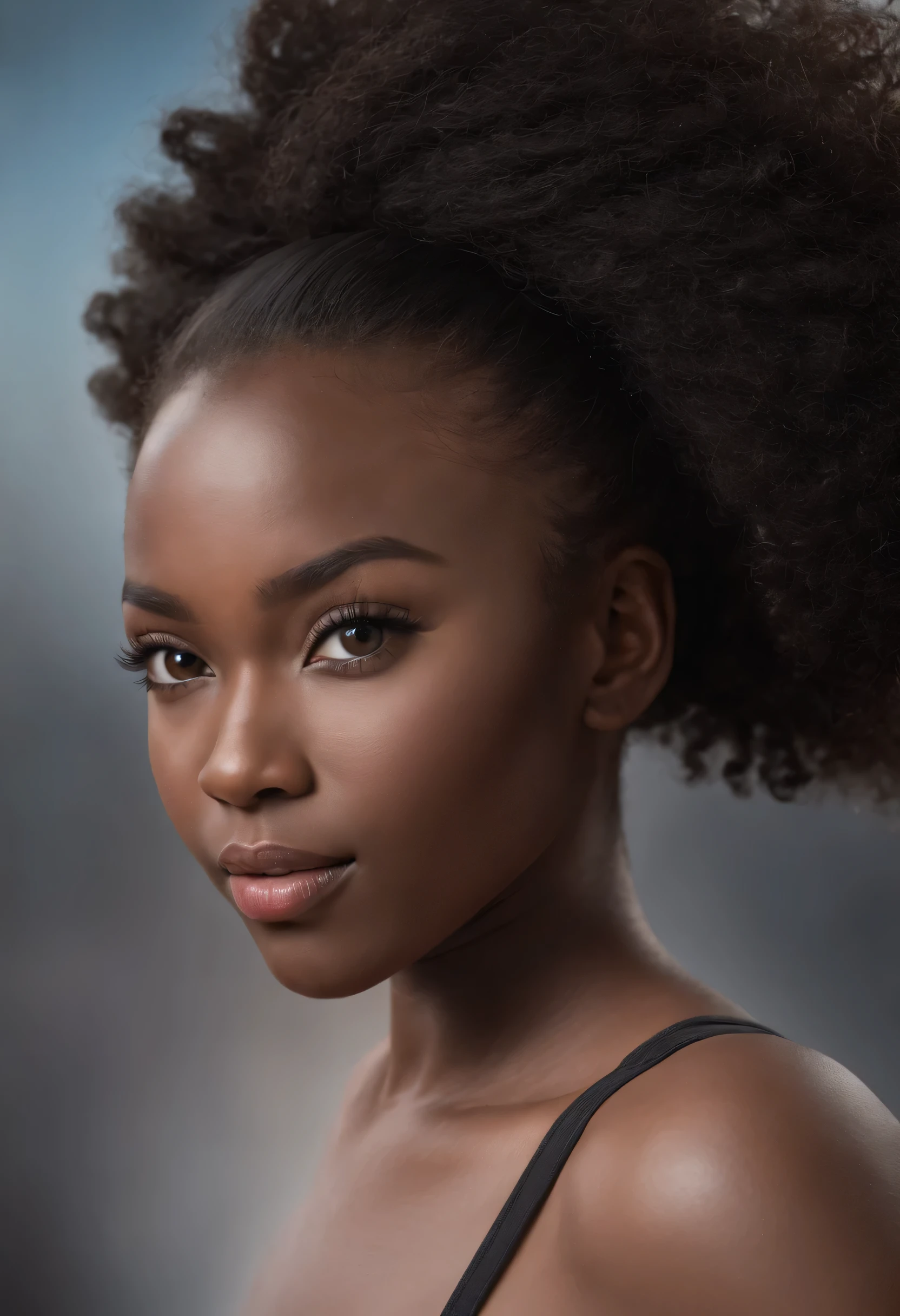 ((Dark African skin, Very deep ebony skin)), ((Its beauty is undeniable)), ((cute excited face)), ((Hyper detailed perfect eyes,)), ((pose mignonne)), ((Langue sortie)), ((Attirant )), sexy, ((sexy)), ((Afro curly African hair afro ponytail afro,)), (( peau)), ((debout, vue de face)), ((pose sexy)), ((totalement nu)), CGI ciblé, Fotorrealista, High detail, Realstic, Master part, Absurde, Best quality, Hdr, highly quality, high-definition, extremly detailed, 8k wallpaper, intricate high detail, 8K UHD, Full-HD, (photo realist:1.2), contraste, intense illumination, lighting cinematic, natural lighting, hard light, contre-jour, Illumination globale, occlusion ambiante((Coiffure mignonne)), ridiculously huge, , guravure,Jambes en forme de M,NSFW (en anglais seulement)