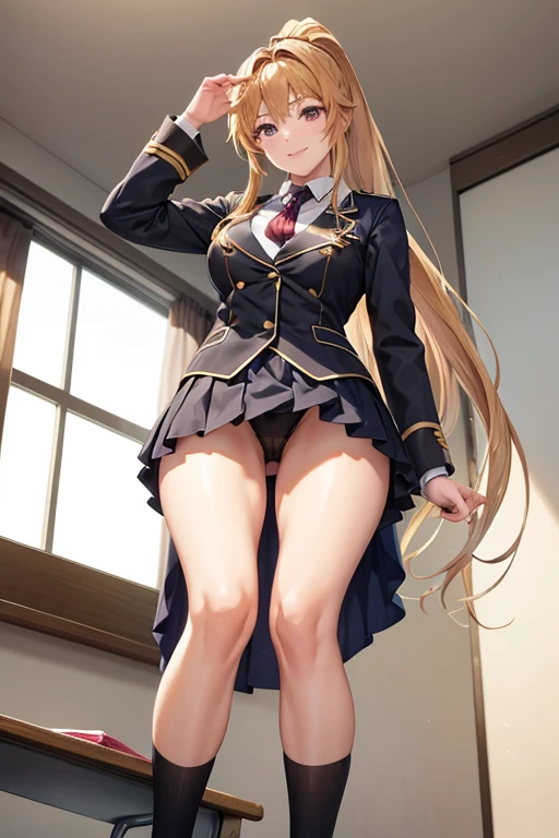 (((Sit with your legs bent)))、((Shiny underwear)))、Uniform Blazer、Beautiful beauty、Long golden hair、((whole body))、(((Photo taken from below)))、School、classroom、Large Breastini skirt、Panties are black、Japanese、expensive、Long limbs、18-year-old、saeki kaori、A beautiful nose like a model、Please put your hands on your hips、Natural smile、Sexy pose、Hairstyle: Ponytail