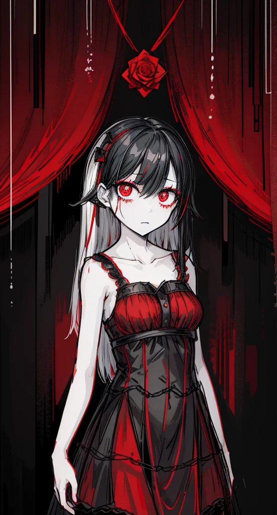 1girl, black hair, (red eye) ,red rose, Red bow,  black noble dress ,pale skin,
(high resolution, high detail, best quality), mysterious, elegant, shy