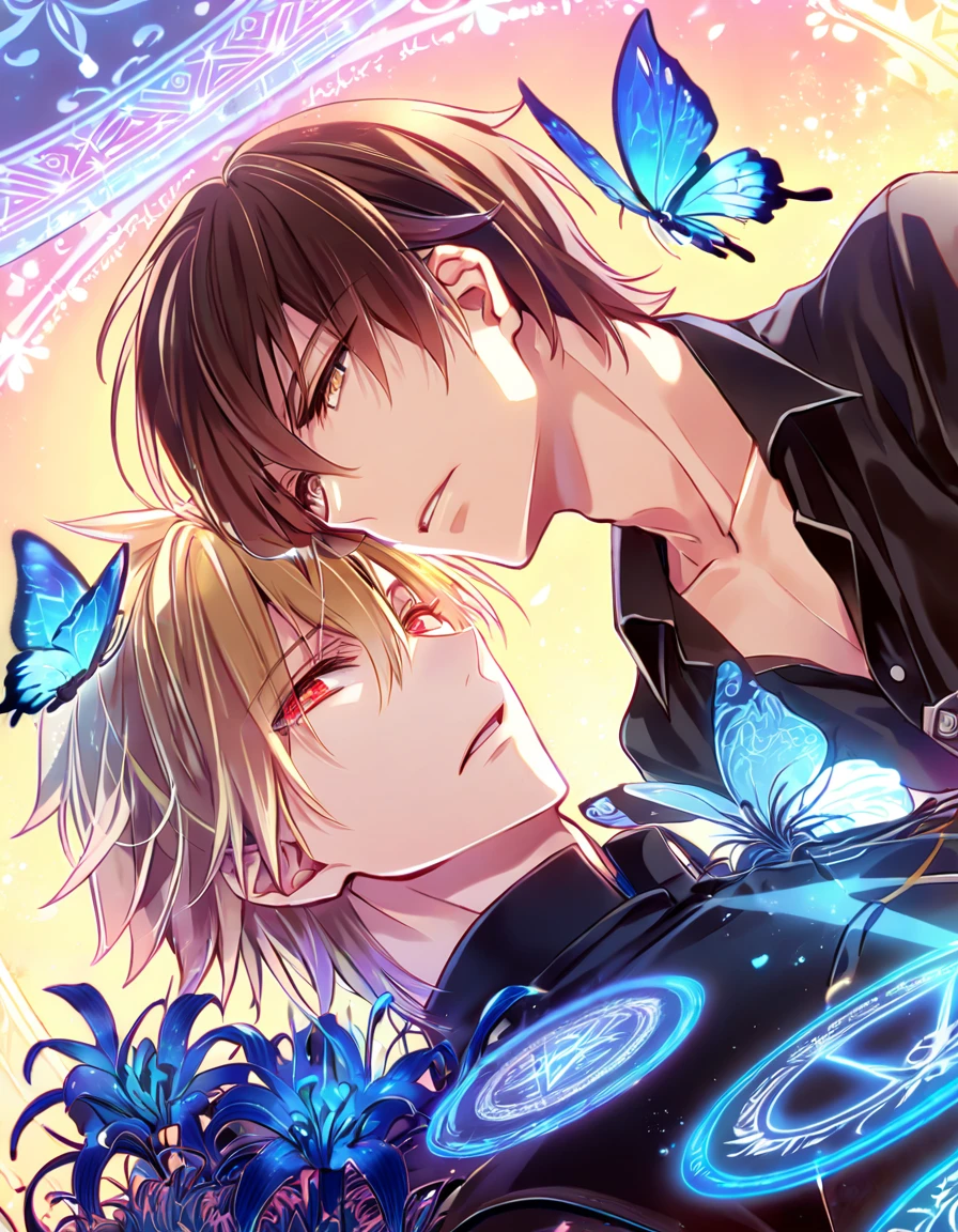 absurd resolution, high resolution, ultra detailed, detailed eyes, extremely detailed, HDR, 8K, Gilgamesh, blonde hair, expressive red eyes, Fate Extra ccc, Kishinami Hakuno, brown hair, expressive brown eyes, two sexy men together, yaoi, gay couple, handsome, black clothes, fantasy, cool, magical, mana, blue magic circle, blue glittering butterflies, blue dust flying around, blue spider lilies