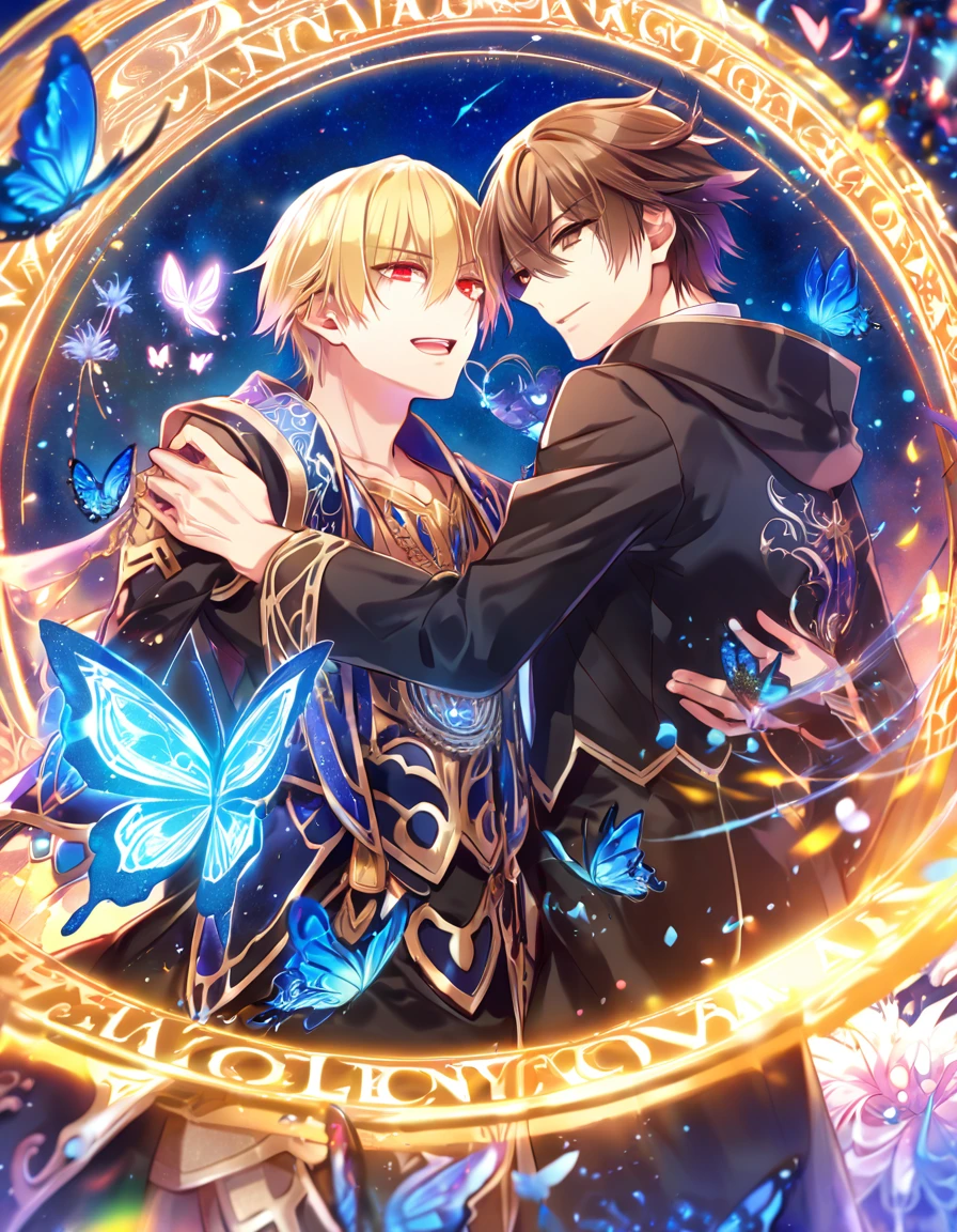 absurd resolution, high resolution, ultra detailed, detailed eyes, extremely detailed, HDR, 8K, Gilgamesh, blonde hair, expressive red eyes, Fate Extra ccc, Kishinami Hakuno, brown hair, expressive brown eyes, two sexy men together, yaoi, gay couple, handsome, black clothes, fantasy, cool, magical, mana, blue magic circle, blue glittering butterflies, blue dust flying around, blue spider lilies