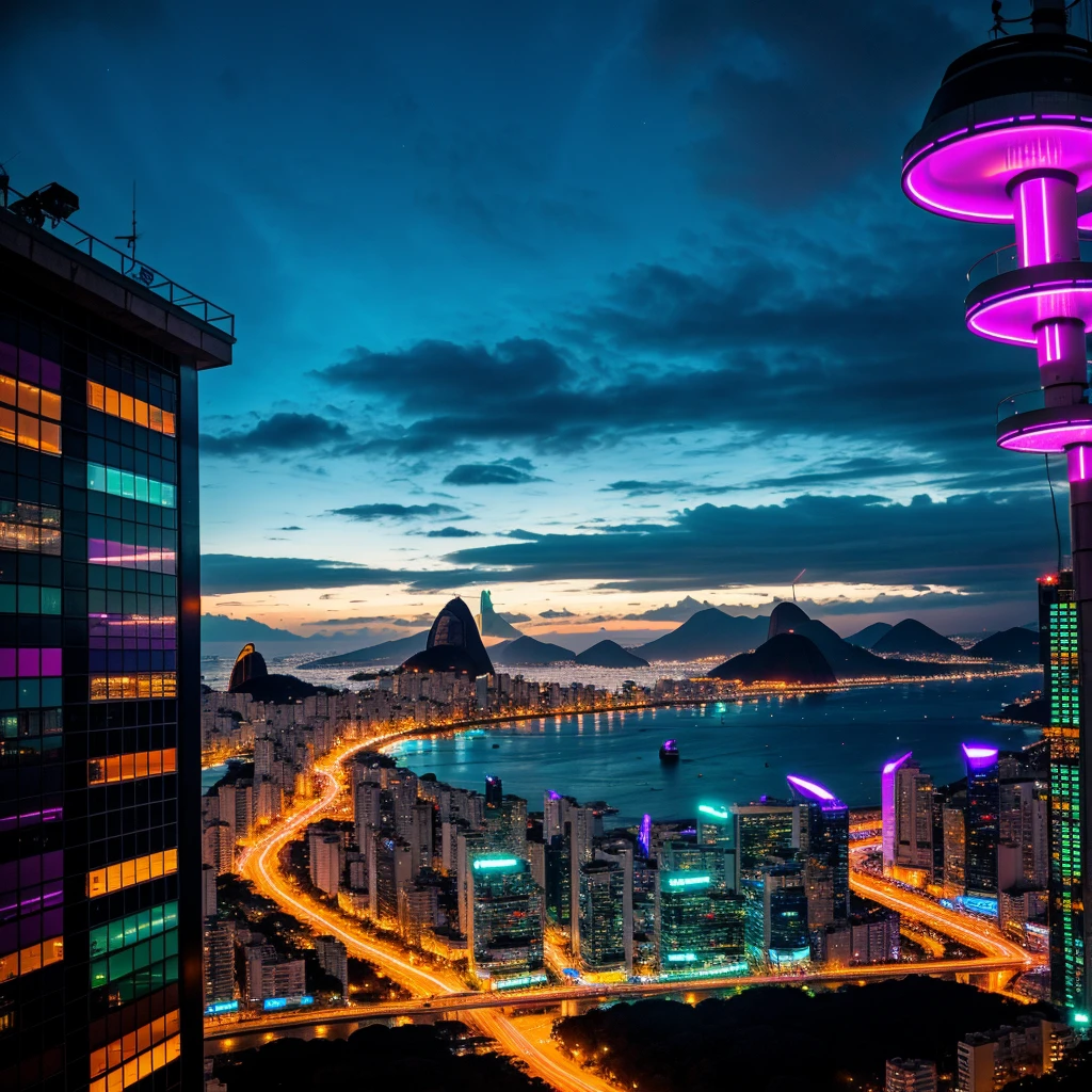 On a futuristic night in Rio de Janeiro, the city transforms into a vibrant cyberpunk setting, filled with neon lights that illuminate the iconic landscape. The famous beaches of Copacabana and Ipanema glow with shades of purple, blue and green, reflecting in the dark waters of the Atlantic. imposing skyscrapers, covered in luminous signs and advertising holograms, dominate the horizon, creating an electrifying and futuristic atmosphere.

Sugarloaf Mountain and Christ the Redeemer are highlighted by cyber lighting, their majestic silhouettes contrasting with the artificial glow that permeates the city. The streets and sidewalks are crowded with people, all immersed in the pulsating energy of the night. Street vendors offer technological products and futuristic street food, while drones fly overhead to supervise the movement.

Beach kiosks and bars are redesigned with a high-tech aesthetic, displaying neon signs and holographic screens that draw crowds. The sound of electronic music resonates through the streets, mixed with the buzz of conversations and the hum of machines. Autonomous vehicles glide along the avenues, and the brightness of the lights reflects on the surrounding glass and metal surfaces.

The atmosphere is vibrant and chaotic, with a mix of Rio tradition and intense futurism. The city&#39;s energy never sleeps, capturing the essence of a Rio de Janeiro reimagined in a cyberpunk future, where technology and culture merge into a stunning visual spectacle.
