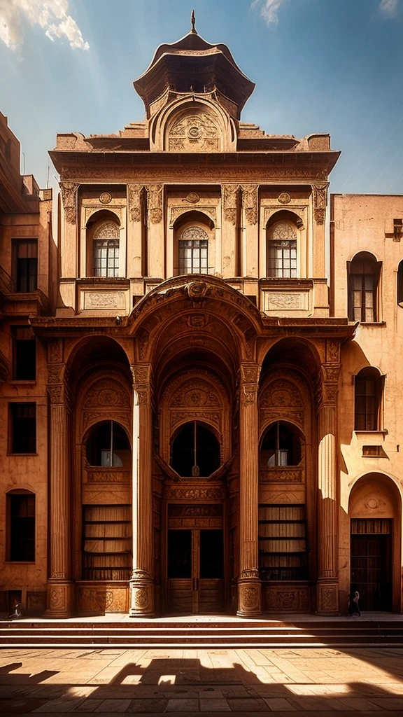 Old Building in the City Center: An image of an old, imposing building in the city center. The building has classic architecture with ornate details worn by time. Some windows are broken or covered in dust, and there's a sense of abandonment, with long shadows and a cloudy sky in the background