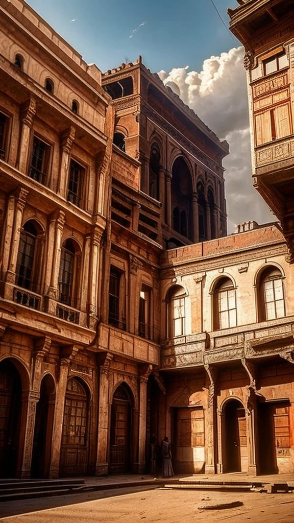 Old Building in the City Center: An image of an old, imposing building in the city center. The building has classic architecture with ornate details worn by time. Some windows are broken or covered in dust, and there's a sense of abandonment, with long shadows and a cloudy sky in the background