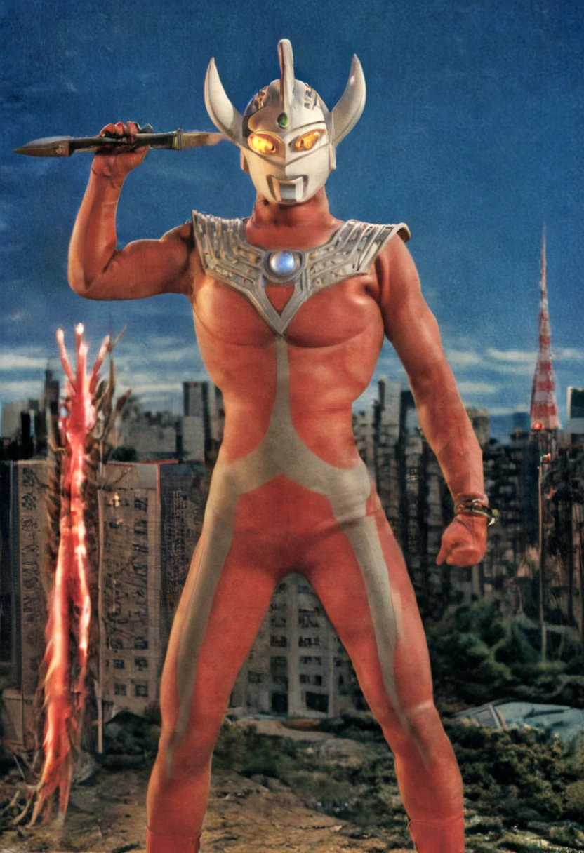 Ultraman Taro、Tokyo cityscape、Midnight、neon、A giant as tall as a building、Fighting Pose、slim、Muscular、Long limbs、Weapon、Gorgeous Body、Incitement、4K、Photorealistic、Portrait、male focus,highres,clear