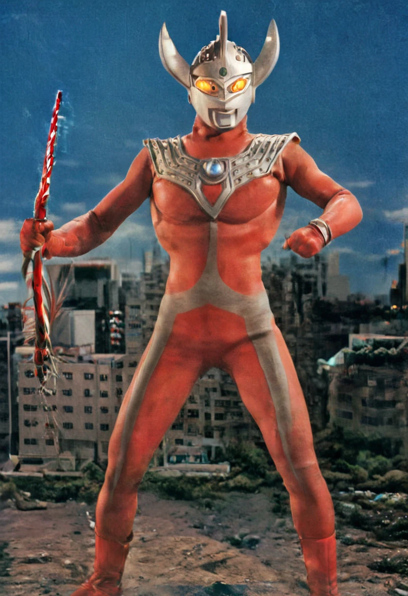 Ultraman Taro、Tokyo cityscape、Midnight、neon、A giant as tall as a building、Fighting Pose、slim、Muscular、Long limbs、Weapon、Gorgeous Body、Incitement、4K、Photorealistic、Portrait、male focus,highres,clear