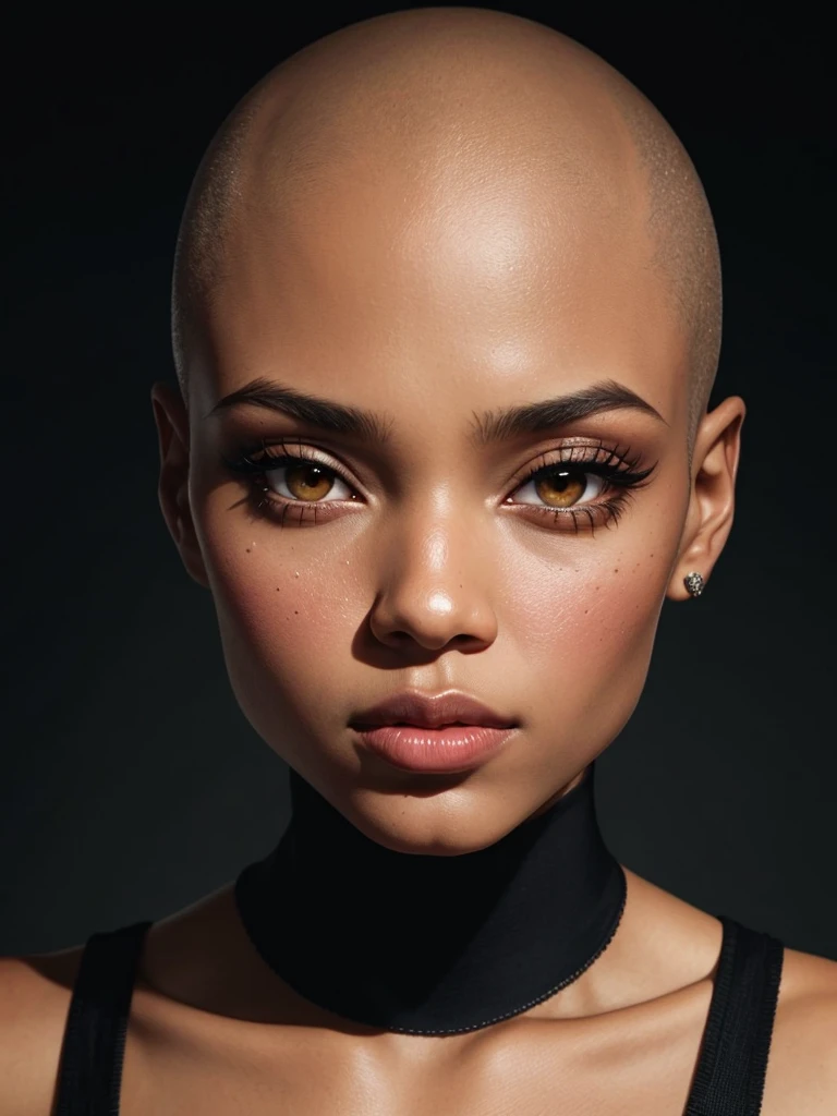 beautiful woman, black, bald, face, close up, front, clear skin, pinterest, instagram model, makeup