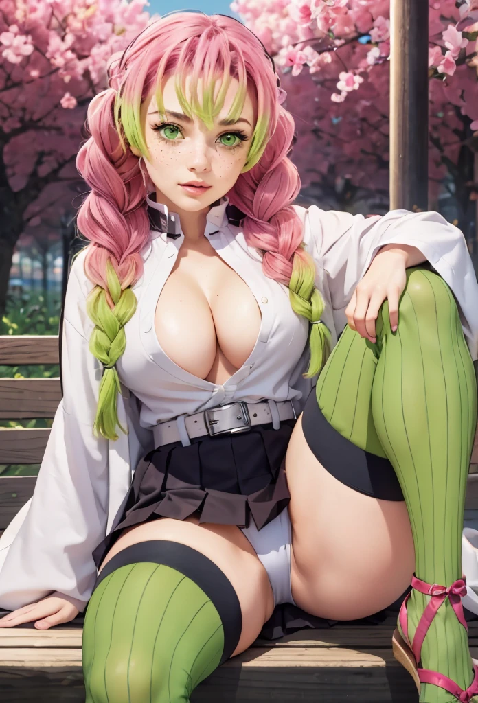 detailed face, detailed eyes, detailed skin, extremely detailed, intricate details, mitsuri kanroji, braid, zh_mushyee_normalgirl, Emmy Rossum, zh_mushyee_cosplaygirl, pale skin, tattoo, freckles, lips, gradient hair, (green eyes:1.5), green hair, long hair, mole, mole under eye, multicolored hair, pink hair, twin braids, two-tone hair, looking at viewer, solo, thin waist, slim, hourglass figure, medium breasts, belt, black skirt, cleavage, coat, demon slayer uniform, haori, japanese clothes, long sleeves, miniskirt, partially unbuttoned, pleated skirt, skirt, uniform, thighhighs (masterpiece, best quality, high resolution:1.4), (seductive pose:1.2), (dynamic angle), detailed fantasy background, fcDetailPortrait, detailed face, detailed eyes, detailed skin, extremely detailed, intricate details, casual photography, HDR, natural light, (anti-aliasing:1.2), elegant, soft scattered light, realistic proportions, limited palette, backlit, accent lighting, (neutral colors:1.3), cross process, cinematic lighting, coherent light, coherent shadows, cowboy shot,