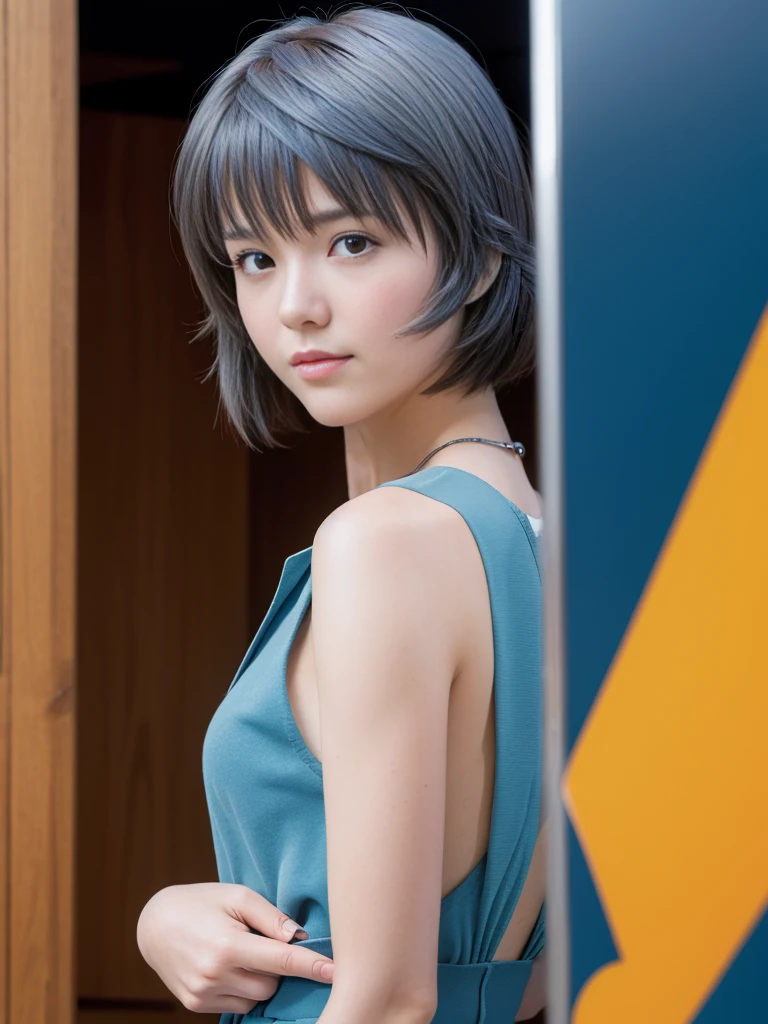 (Highest quality, High resolution, Tabletop:1.2), One Girl, ayanamirei, Bobcut, high school girl,uniform，Upper Body View、Interface Headset, background, Light blue hair color, Expressionless, Apply blush all over the face, Embarrassing, View your viewers
