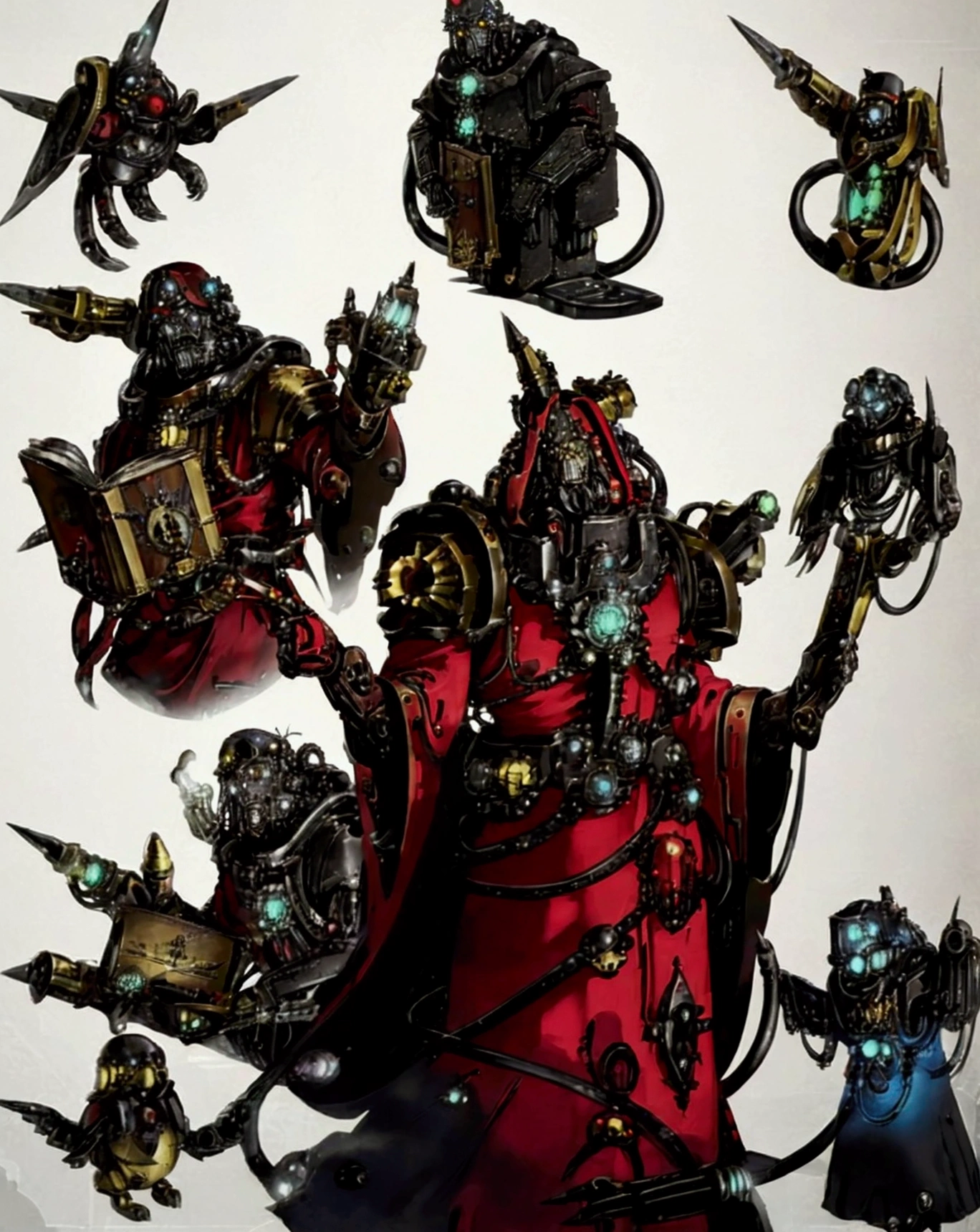 servo do omnissiah, fazer um icon do adeptus mechanicus, adeptus mechanicu imponente, Holding a book, filled with implant, obscure background (detailed back ground), adadeptus praising omnissiah