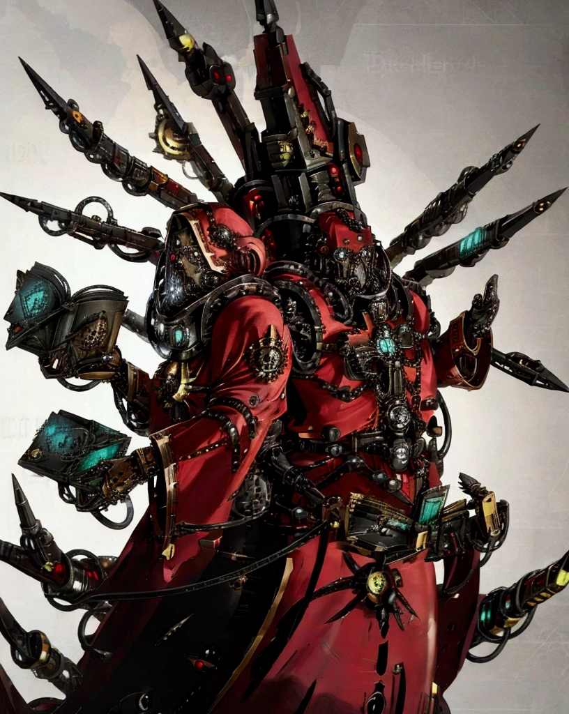 servo do omnissiah, fazer um icon do adeptus mechanicus, adeptus mechanicu imponente, Holding a book, filled with implant, obscure background (detailed back ground), adadeptus praising omnissiah