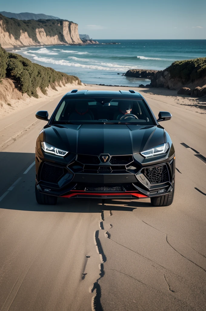 LAMBORGHINI black urus on the shoulder of the beach