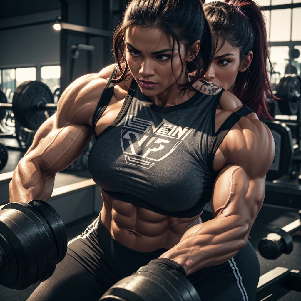 a muscular woman in a gym wearing women's fitness clothes, lifting a 200kg dumbbell, hyper-detailed, photorealistic, (best quality, 4k, 8k, highres, masterpiece:1.2), ultra-detailed, (realistic, photorealistic, photo-realistic:1.37), HDR, UHD, studio lighting, ultra-fine painting, sharp focus, physically-based rendering, extreme detail description, professional, vivid colors, bokeh, bodybuilder, athletic, powerful, muscular physique, strong muscles, ripped, toned, veiny, intense facial expression, gritting teeth, strength, power, determination, fitness, bodybuilding, gym, workout, weight lifting, dumbbell only the woman