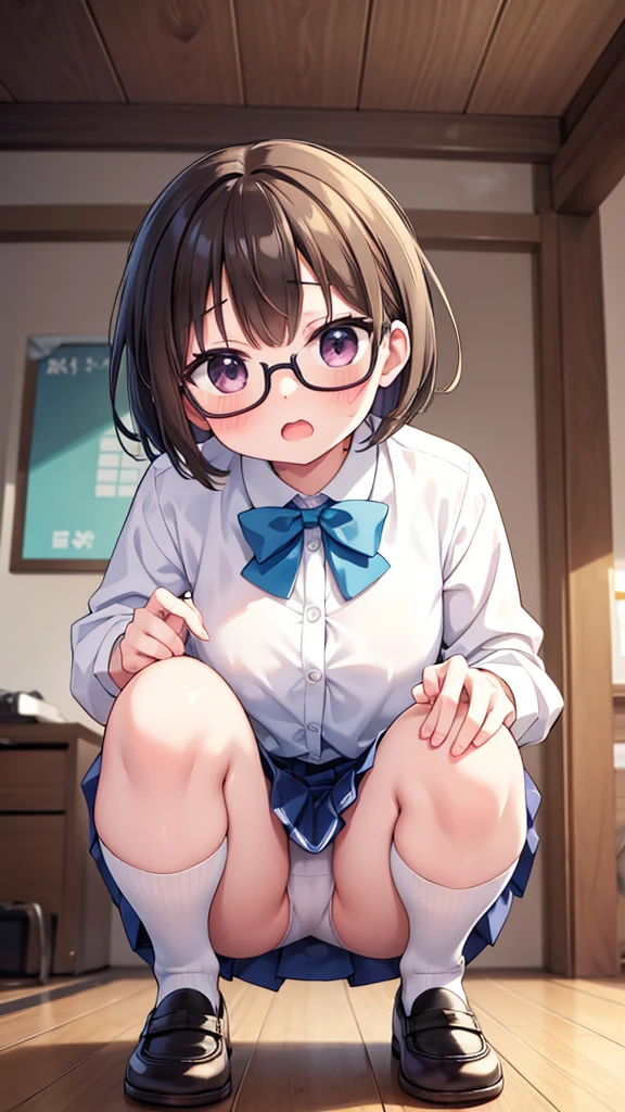 A cute girl in a , short brown hair, squatting down and looking shy, steam rising around her, photographed from below, 1girl, very short hair, white blouse, navy blue skirt, navy blue socks, brown loafers, white panties, red framed glasses, nichijou style, best quality, 4k, 8k, highres, masterpiece:1.2, ultra-detailed, realistic, photorealistic, photo-realistic:1.37, HDR, UHD, studio lighting, ultra-fine painting, sharp focus, physically-based rendering, extreme detail description, professional, vivid colors, bokeh、in a state of arousal and trembling with sexual climax,simple illustration style, in a nichijou (everyday life) setting