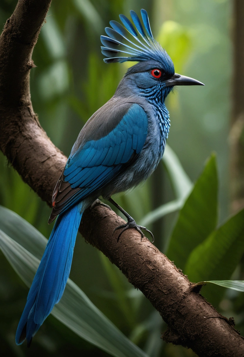 A captivating jungle scene shows a rare and mischievous-looking large blue red striped bird perched in a small house, with its long, elegant tail adorned with intricate structures and striped feathers. The bird, with its beautiful and graceful behavior, exudes an air of elegance and mystery. This high-quality nature photography, expertly captured by Sudip Roy using a Canon EOS R6, offers a stunning display of the bird's unique beauty and the lush, vibrant jungle environment