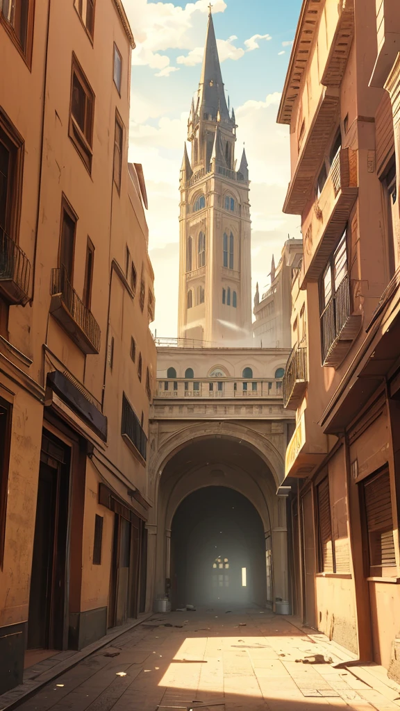 Old Building in the City Center: An image of an old, imposing building in the city center. The building has classic architecture with ornate details worn by time. Some windows are broken or covered in dust, and there's a sense of abandonment, with long shadows and a cloudy sky in the background