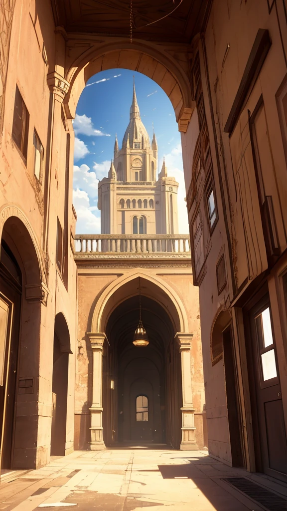 Old Building in the City Center: An image of an old, imposing building in the city center. The building has classic architecture with ornate details worn by time. Some windows are broken or covered in dust, and there's a sense of abandonment, with long shadows and a cloudy sky in the background