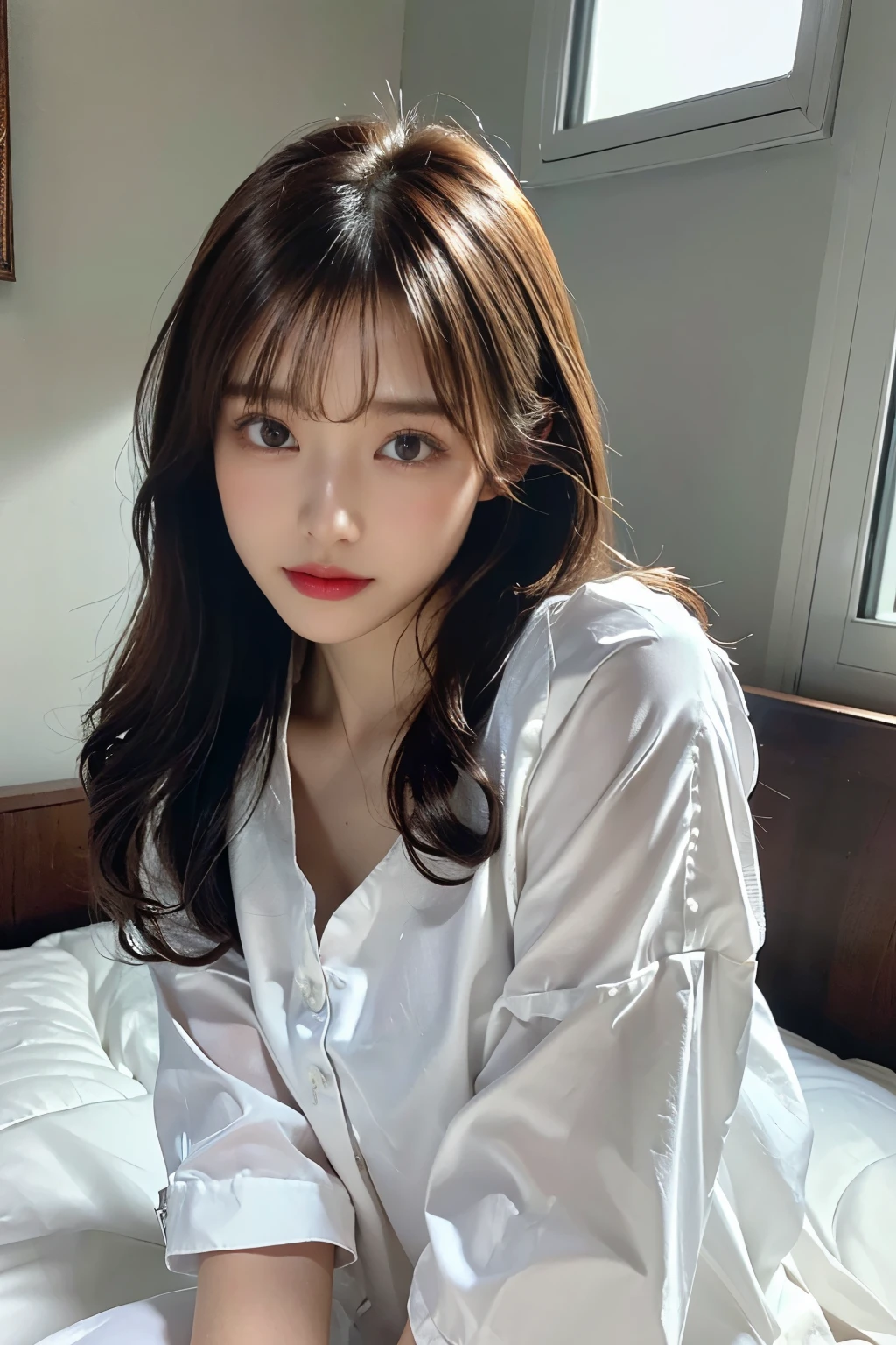 (kneeling, sitting on the the bed, hands on the bed:1.4), (boyfriend's white satin shirt, oversized collared men’s satin shirts, oversized baggy shirt, Sleeves long enough to cover her hands:1.5), (wide open neck, collarbone:1.2), (upper thigh:1.3), realistic detailed beautiful thighs, looking at viewer, (from front:1.3),
BREAK
(1 beautiful Japanese idol, 20 years old), perfect body, Detailed beautiful delicate face, Detailed beautiful delicate eyes and eye highlights, Very thin and delicate eyelashes that are not too long, (finely detailed beautiful blown big eyes and detailed face), no makeup, slender face, (lustrous skin, realistic detailed skin), (brown medium hair:1.2), (happy, half asleep:1.1),
(masterpiece, best quality:1.2), 8k, RAW photo, (Realistic, hyper realistic, photorealistic:1.3), Ultra High Res, intricate details, ultra detailed, High quality texture, distinct image, (simple background), (bedroom, morning, light shining through the window:1.1),