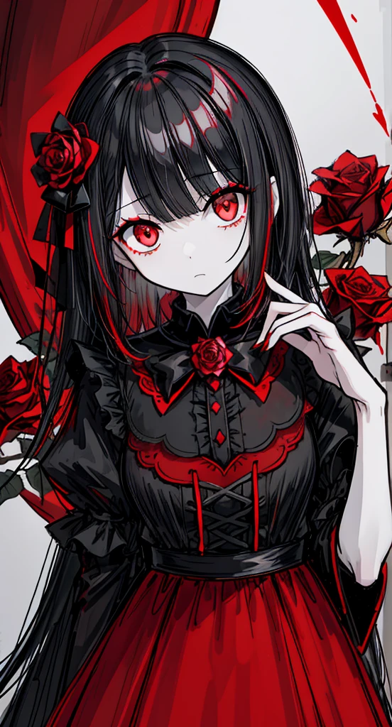 1girl, black hair, (red eye) ,red rose, Red bow,  black noble dress ,pale skin,
(high resolution, high detail, best quality), mysterious, elegant, shy