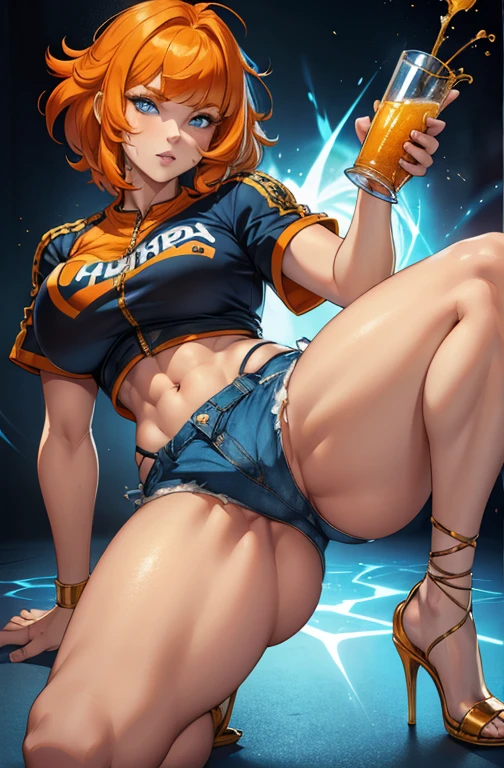 Nordic girl, white skin, medium-short height, medium orange hair, with unruly bangs. Lively and expressive blue eyes. Small and dynamic figure. She was wearing torn shorts, a shirt with a striking gold zipper. high heels most beautiful woman in the world, nsfw, big , big