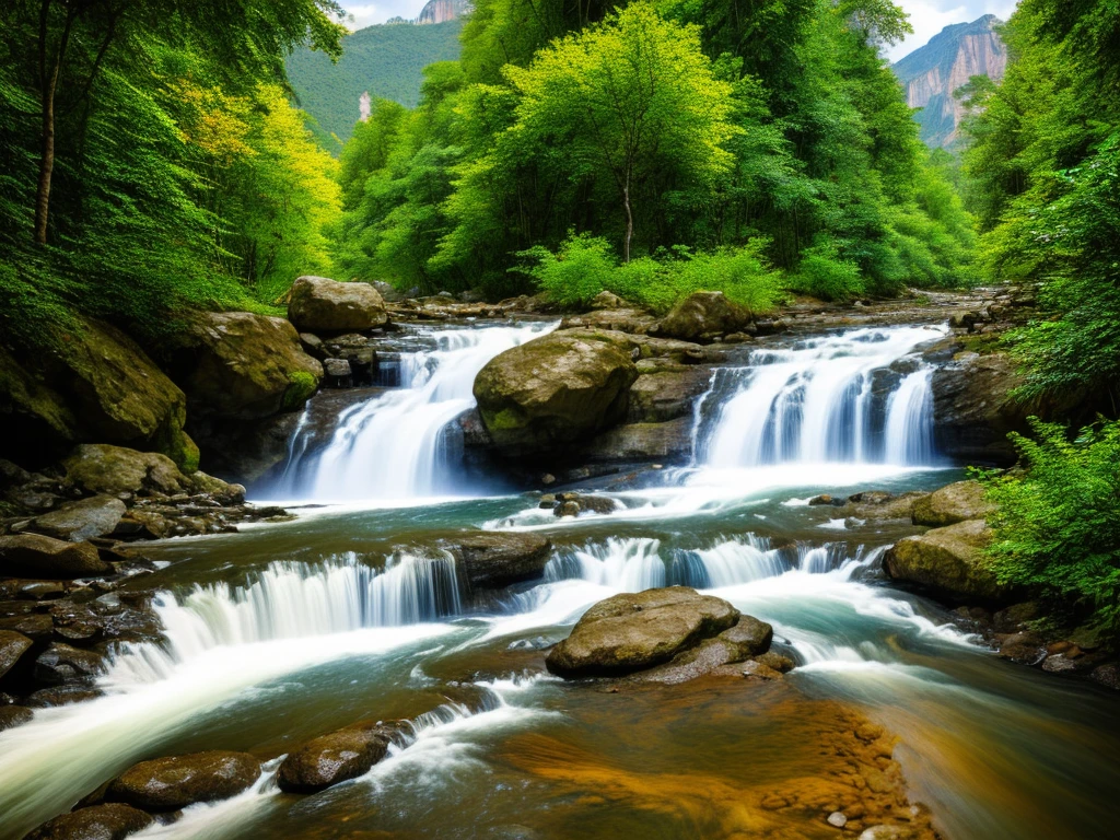 nature painting with mountain seen from far away background with big waterfall and jungle surround, and river flowing between rocky mountain, add forest deer drinking on river and eagle flying over river, amazing 4k detailed color, wonderful nature painting art, full of color and rich of detail