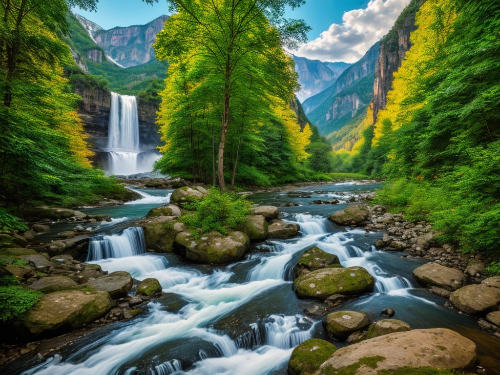nature painting with mountain seen from far away background with big waterfall and jungle surround, and river flowing between rocky mountain, add forest deer drinking on river and eagle flying over river, amazing 4k detailed color, wonderful nature painting art, full of color and rich of detail