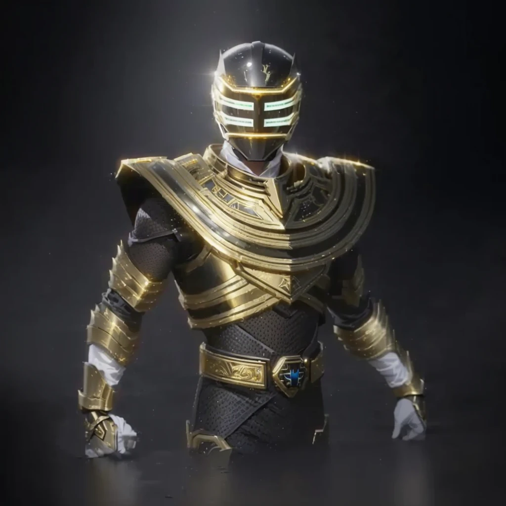 a close up of a person in a costume with a sword, the secret seventh power ranger, black and golden armor, gold obsidian armor, black and gold armor, heavy gold obsidian armor, sleek gold armor, unreal engine render saint seiya, gold armor, gold armour suit, tokusatsu, power ranger, gold and silver armour suit, new costume concept design, change helmet