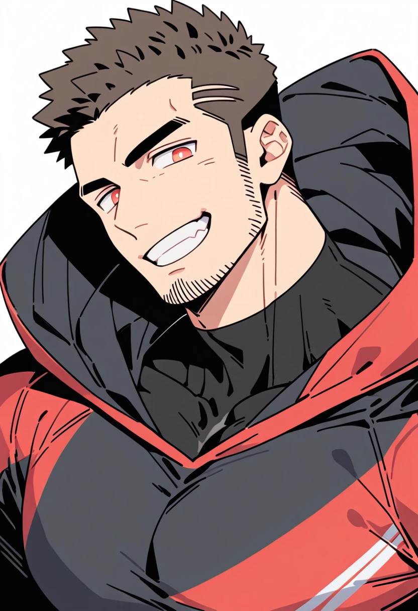 anime characters：Priapus, Black Black Skin Muscle Sports Student, Manliness, male focus, Sports tight hooded sweatshirt, Under Armour Brand, Wear a high-necked tights underneath, Very tight, Huge pectoral muscles, muscular male, muscular, Perfect muscular waist, only, Upper body, alone, Red short hair, Thick eyebrows, stubble, Brown-red pupils, White background, simple background, amazing quality, best aesthetics, Ridiculous, crew cut, smirk, bright pupils, grin, negative space, negative space, best quality