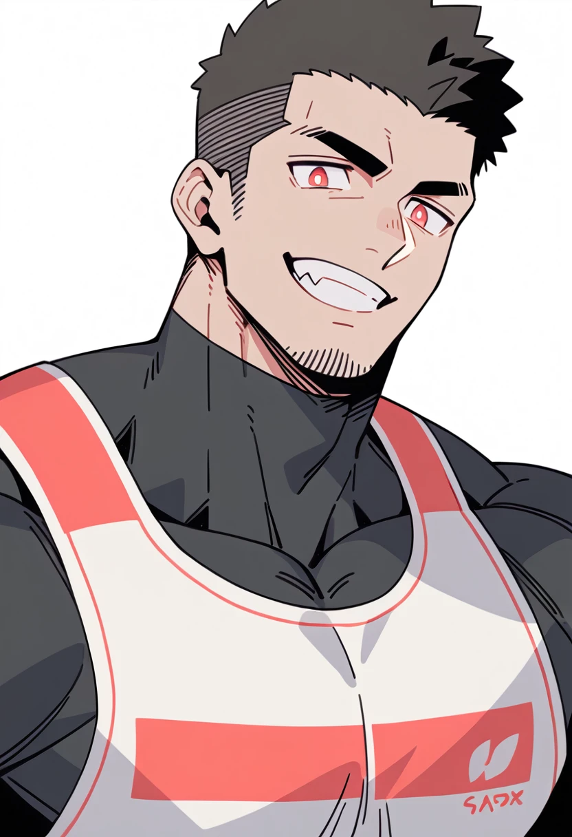 anime characters:Priapus, Black Black Skin Muscle Sports Student, Manliness, male focus, Sports tight hooded sweatshirt, Under Armour Brand, Wear a high-necked tights underneath, Very tight, Huge pectoral muscles, muscular male, muscular, Perfect muscular waist, only, Upper body, alone, Red short hair, Thick eyebrows, stubble, Brown-red pupils, White background, simple background, amazing quality, best aesthetics, Ridiculous, crew cut, smirk, bright pupils, grin, negative space, negative space, best quality