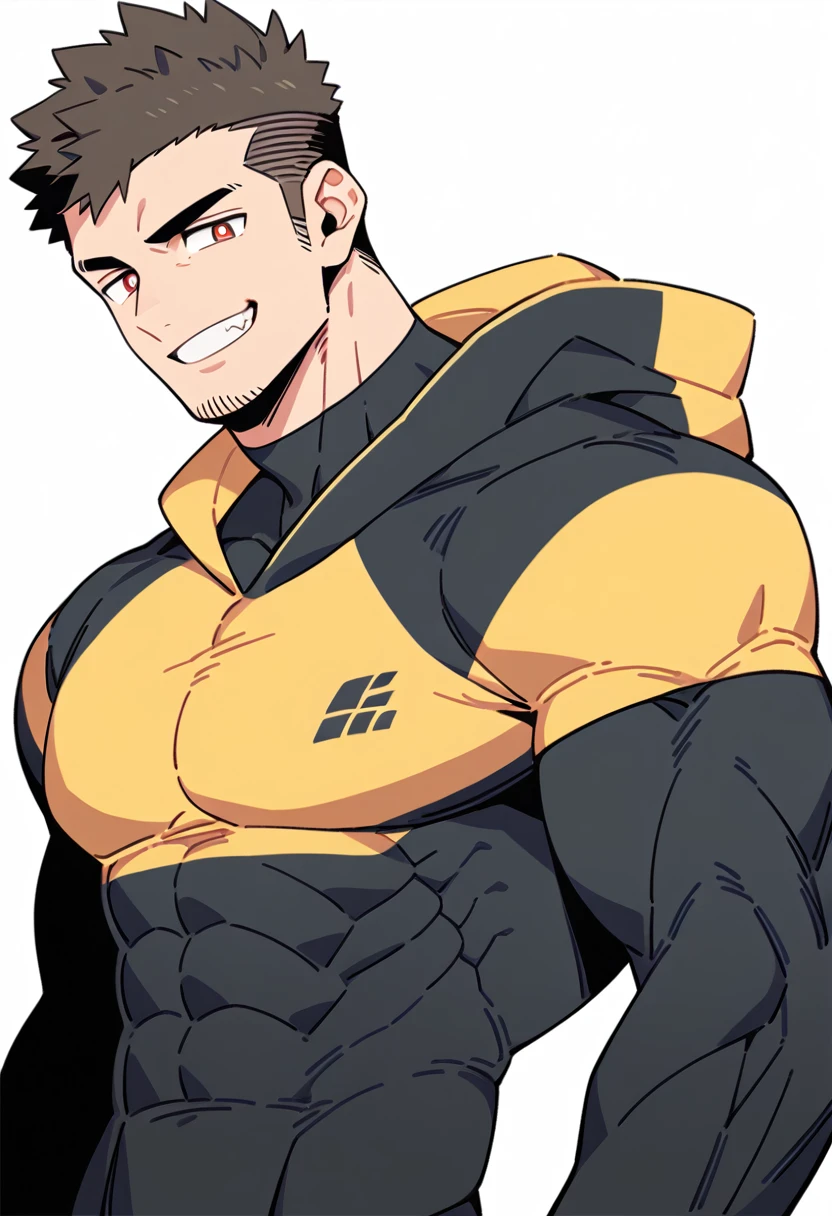 anime characters：Priapus, Black Black Skin Muscle Sports Student, Manliness, male focus, Sports tight hooded sweatshirt, Under Armour Brand, Wear a high-necked tights underneath, Very tight, Huge pectoral muscles, muscular male, muscular, Perfect muscular waist, only, Upper body, alone, Red short hair, Thick eyebrows, stubble, Brown-red pupils, White background, simple background, amazing quality, best aesthetics, Ridiculous, crew cut, smirk, bright pupils, grin, negative space, negative space, best quality