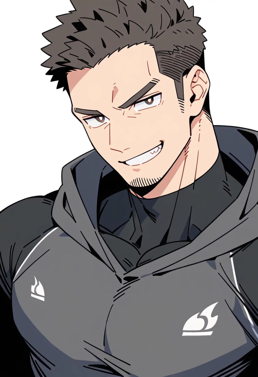 anime characters：Priapus, Black Black Skin Muscle Sports Student, Manliness, male focus, Sports tight hooded sweatshirt, Under Armour Brand, Wear a high-necked tights underneath, Very tight, Huge pectoral muscles, muscular male, muscular, Perfect muscular waist, only, Upper body, alone, Red short hair, Thick eyebrows, stubble, Brown-red pupils, White background, simple background, amazing quality, best aesthetics, Ridiculous, crew cut, smirk, bright pupils, grin, negative space, negative space, best quality