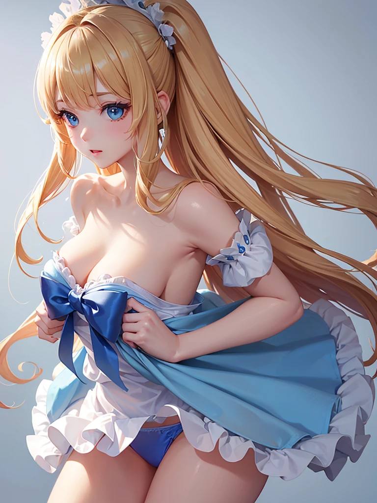 bare breasts、(satin、silk、(Blue panties))、Highest quality, Super Fine, 16K, Incredibly absurd, Very detailed, Beautiful and cute woman, shy, Big, bright eyes, Blonde double-sided princess hairstyle, Princess-like pink ruffled long flare skirt dress, Simple color background