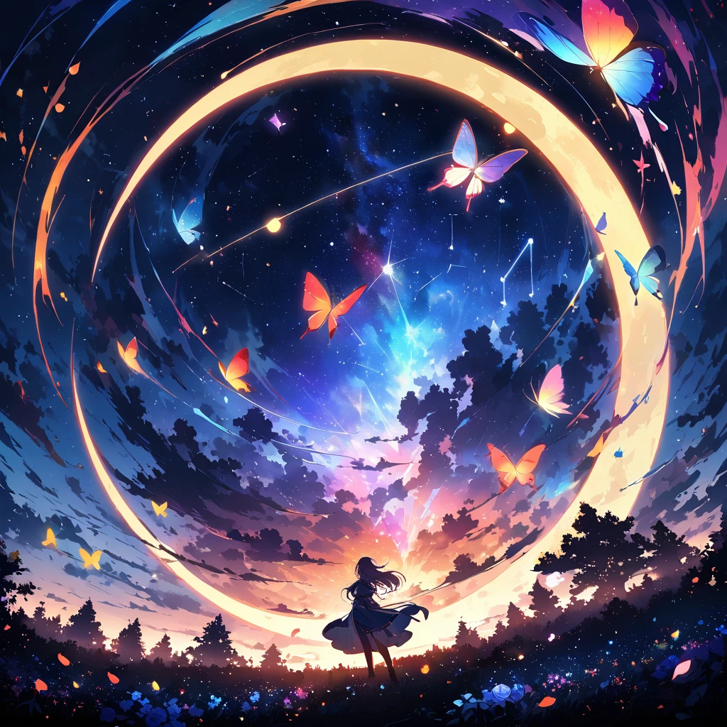 masterpiece、background((excellent starry sky、meteor、magic))、depth((Huge trees、excellent、luminescent))、A beautiful girl、piece、Rear view、From face to waist,Anime inspired by Makoto Shinkai, Space art,mystery,light,Butterfly, constellation, Girl riding on the crescent moon, nebula, Blue rose petals, Multicolored Glass, entire field of Multicolored Glass