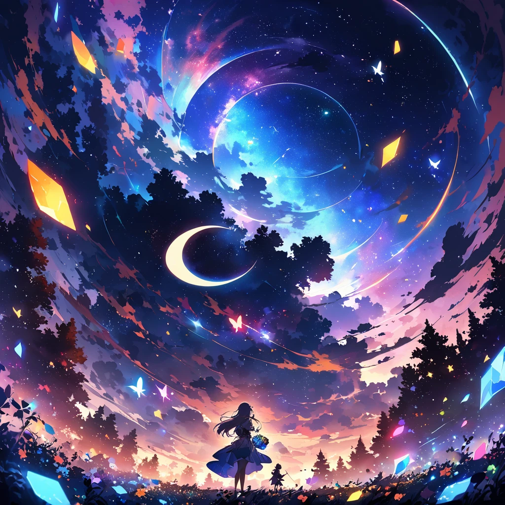  masterpiece、background((excellent starry sky、meteor、magic))、depth((Huge trees、excellent、luminescent))、A beautiful girl、piece、Rear view、From face to waist，Anime inspired by Makoto Shinkai, Space art，mystery，light，Butterfly, constellation, Girl riding on the crescent moon, nebula, Blue rose petals, Multicolored Glass, entire field of Multicolored Glass