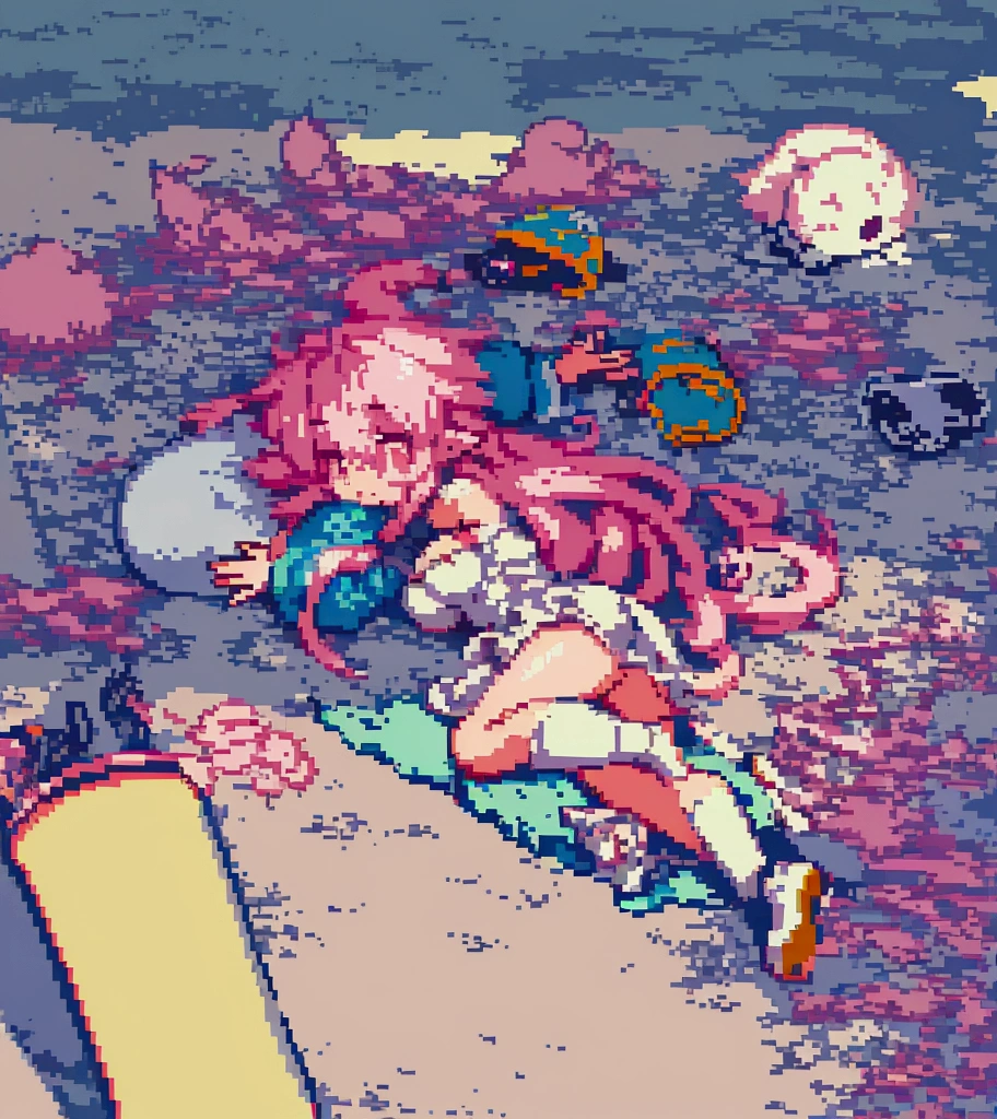 a closeup of a cartoon girl lying on the floor, y 2 k cutecore clowncore, #pixel art:3, /r/pixel art, # pixel art, #pixel art, thick, Pink hair and cyan eyes., art 2d, art 2d, pixelated stretch, kirokaze pixel art, pixel art