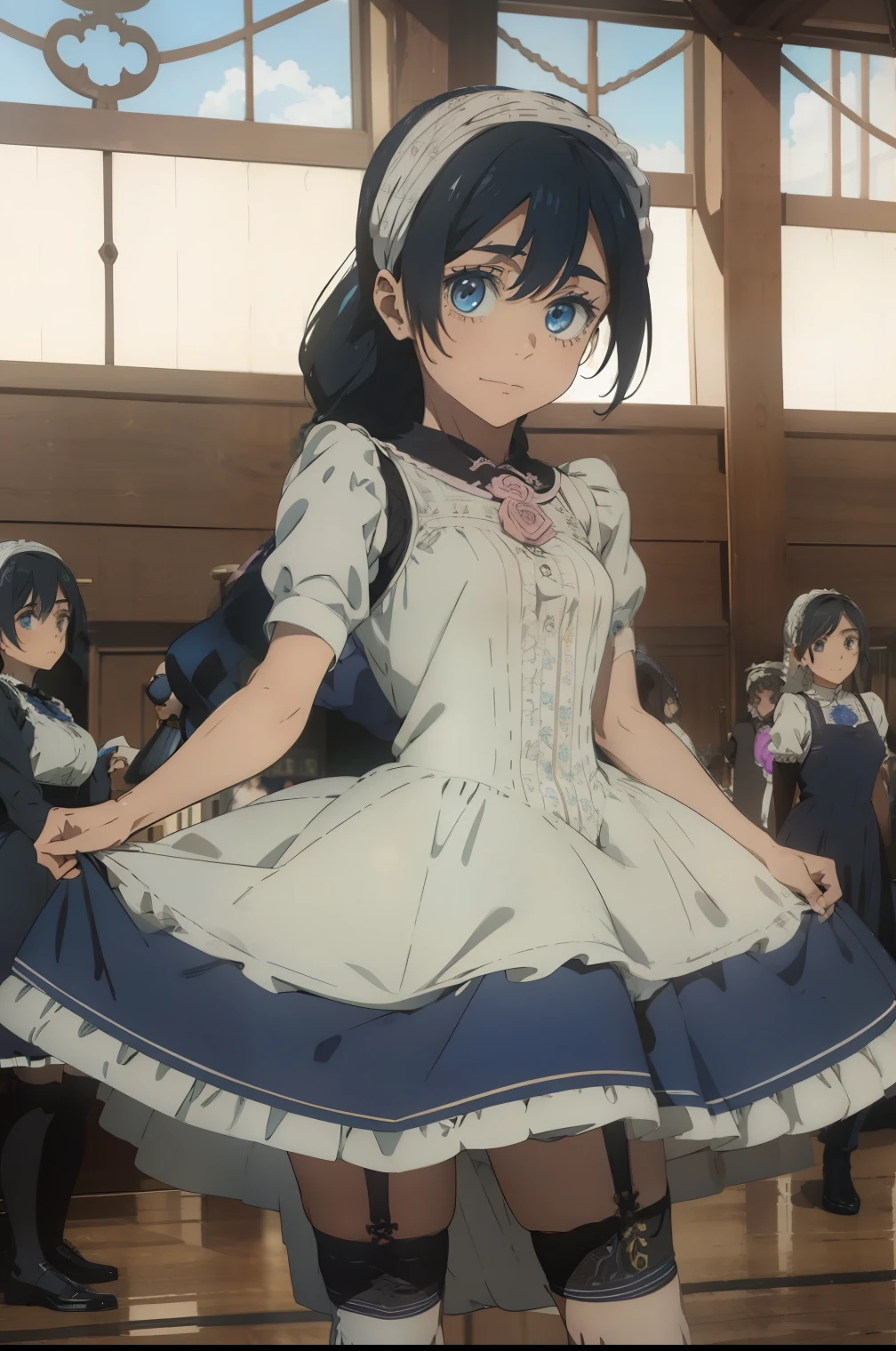 (masterpiece, Highest quality), 1 girl, Curvaceous and perfect body, What a lovely small cute size, Wavy Hair, Pastel Goth, A pastel Victorian maid mini dress with intricate detailing, strap, leather, Frills, Knee socks, A bustling convention hall with exquisite details, Standing pose, Contrasting, afternoon