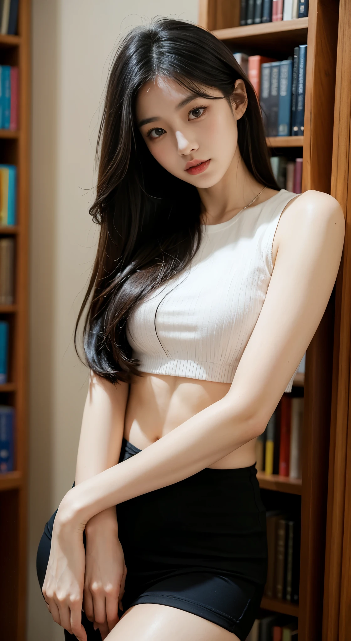 Korean woman, black short shirt,library,Fantasy style,soft light,Rich in detail,dreamy colors,elegant action, shy face, athlete, abs show, , black long hair, fair skin, restore face