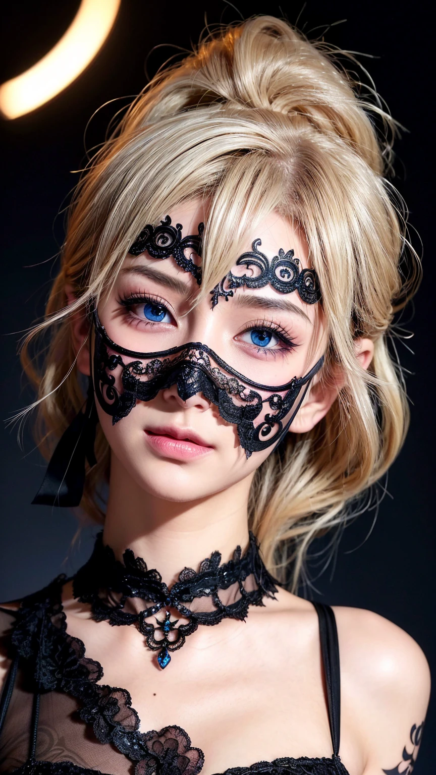 whole body、whole body写真、Front view、Masquerade、wearing a mask on his face、black venetian mask、Black Lace Eye Mask、Dancing、Wet with sweat、Sweaty、大人のwoman、Glowing Skin, (Detailed face),tattoo, jewelry, , night, blonde, Wavy Hair, beautiful soldier, attractive appearance, smile, Perfect Style, Perfect balance, Fine skin, Best image quality、Fine-grained image quality、beautiful、 woman,woman Italian, Italian, smile、blue eyes、jewelry, blue eyes, Realistic, High resolution, Soft Light,Hip Up, Glowing Skin, (Detailed face),tattoo