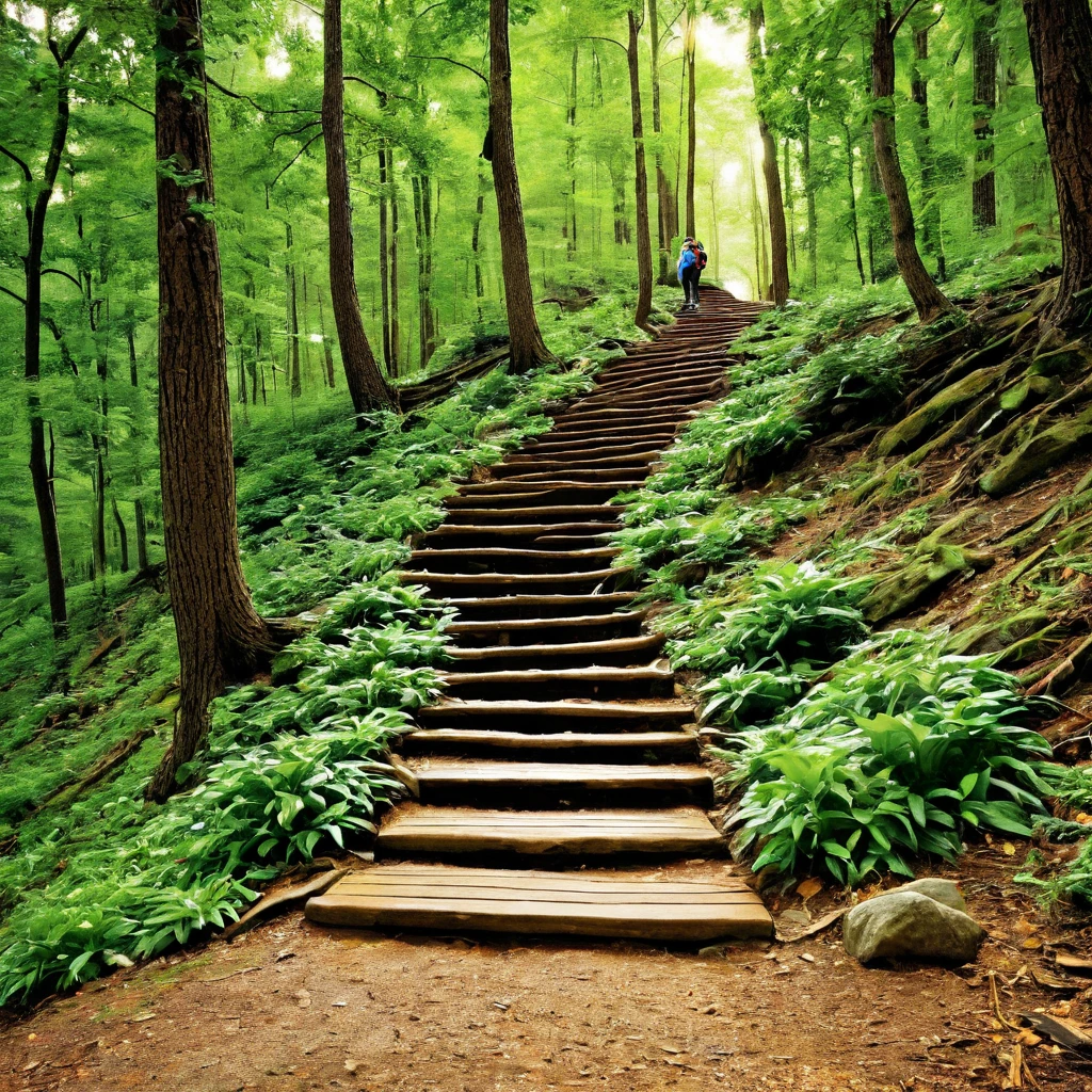Create an image representing a group of people focused on personal development, social growth, and overcoming stagnation. The image should include the following elements:A Mountain or Staircase: Show someone climbing, symbolizing the effort and journey of growth.Group of People: Include a group of people smiling and interacting, representing socialization and mutual support.Path: Add a road or trail extending to the horizon, indicating a promising future and continuous progress.Growing Tree: Include a robust tree, symbolizing growth and personal development.Open Book: Show an open book, representing learning and self-discovery.Upward Arrows: Add graphics or icons of arrows pointing upwards, showing progress and advancement.The image should have an inspiring and motivational tone, with vibrant colors that convey energy and positivity.