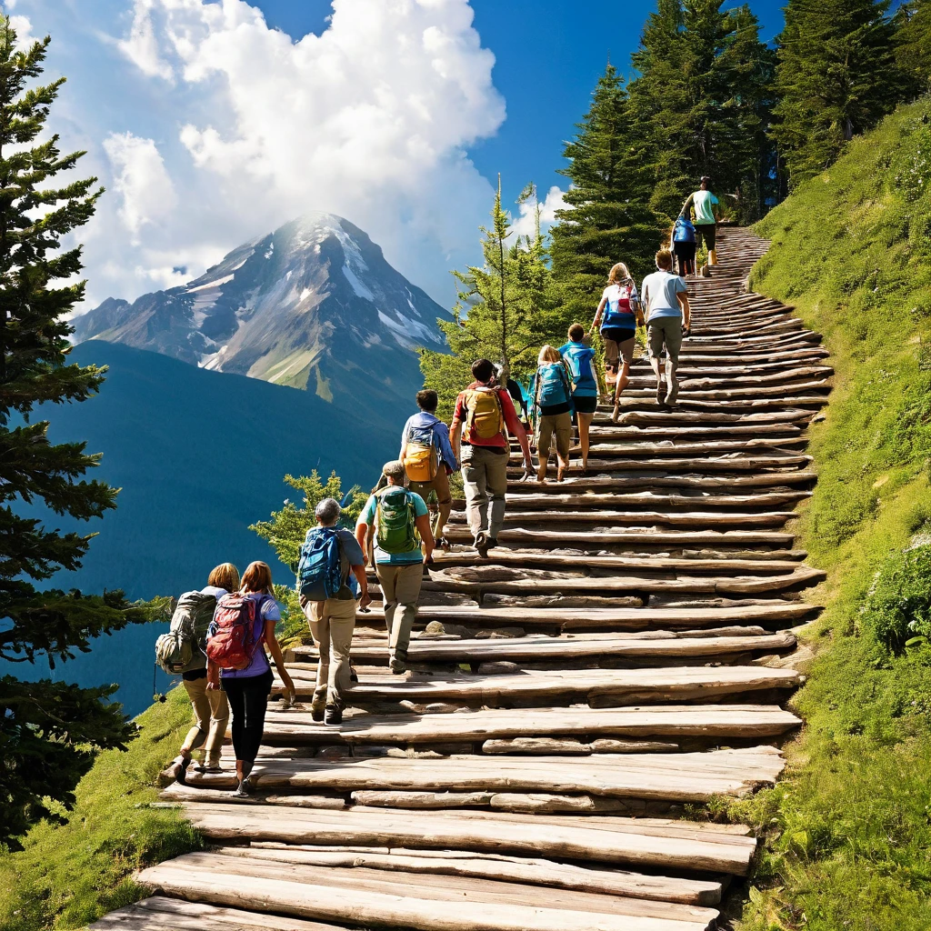 Create an image representing a group of people focused on personal development, social growth, and overcoming stagnation. The image should include the following elements:A Mountain or Staircase: Show someone climbing, symbolizing the effort and journey of growth.Group of People: Include a group of people smiling and interacting, representing socialization and mutual support.Path: Add a road or trail extending to the horizon, indicating a promising future and continuous progress.Growing Tree: Include a robust tree, symbolizing growth and personal development.Open Book: Show an open book, representing learning and self-discovery.Upward Arrows: Add graphics or icons of arrows pointing upwards, showing progress and advancement.The image should have an inspiring and motivational tone, with vibrant colors that convey energy and positivity.