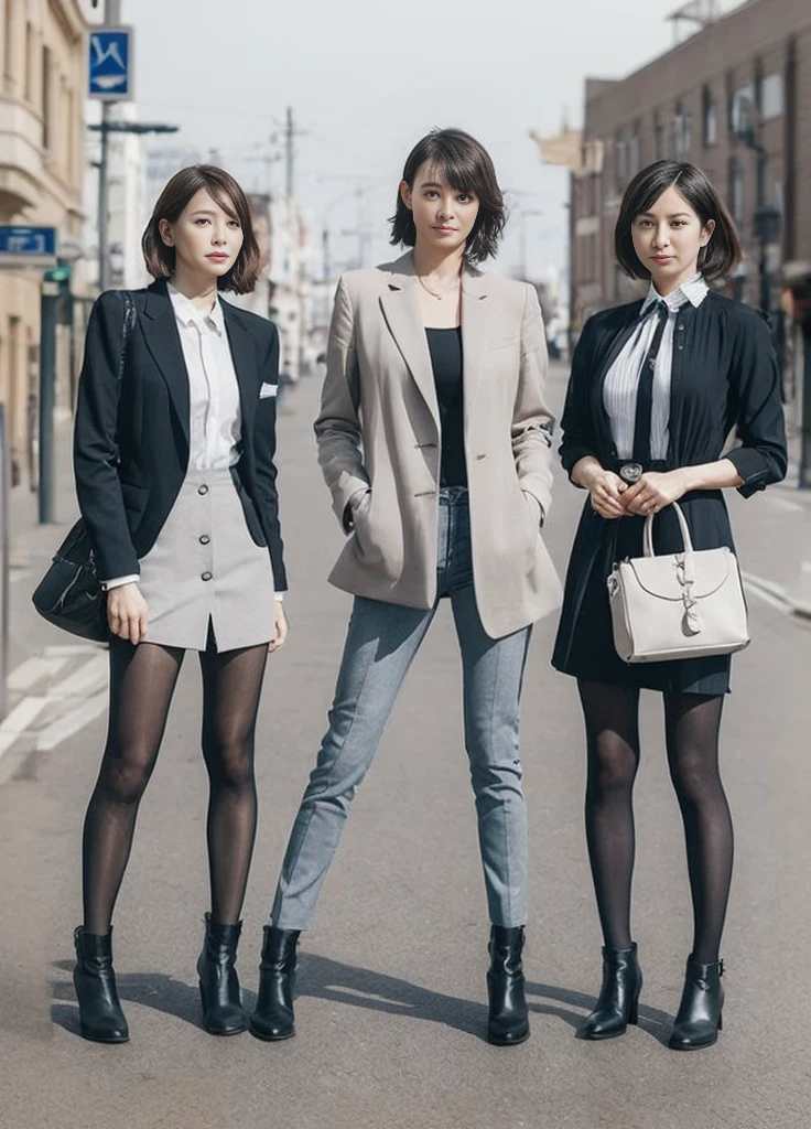 Three women looking this way。The woman on the left is taller。