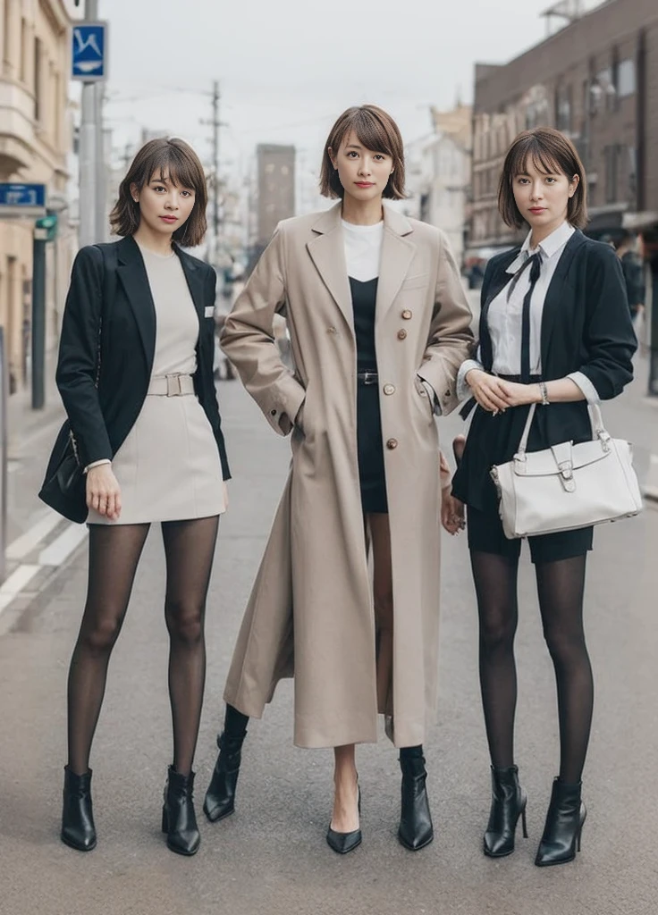 Three women looking this way。The woman on the left is taller。