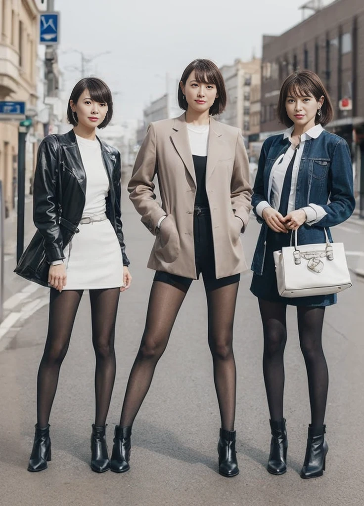 Three women looking this way。The woman on the left is taller。