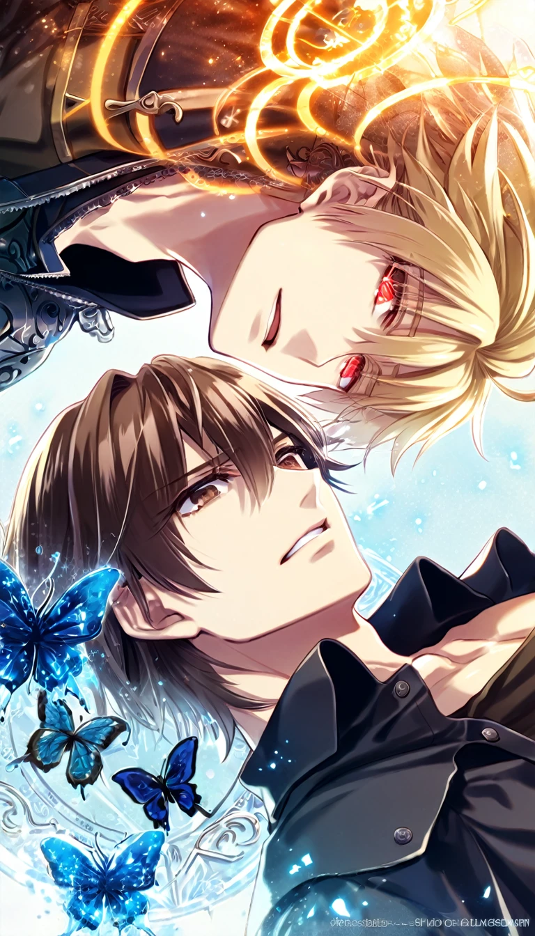 absurd resolution, high resolution, ultra detailed, detailed eyes, extremely detailed, HDR, 8K, Gilgamesh, blonde hair, expressive red eyes, Fate Extra ccc, Kishinami Hakuno, brown hair, expressive brown eyes, two sexy men together, yaoi, gay couple, handsome, black clothes, fantasy, cool, magical, mana, blue magic circle, blue glittering butterflies, blue dust flying around, blue spider lilies