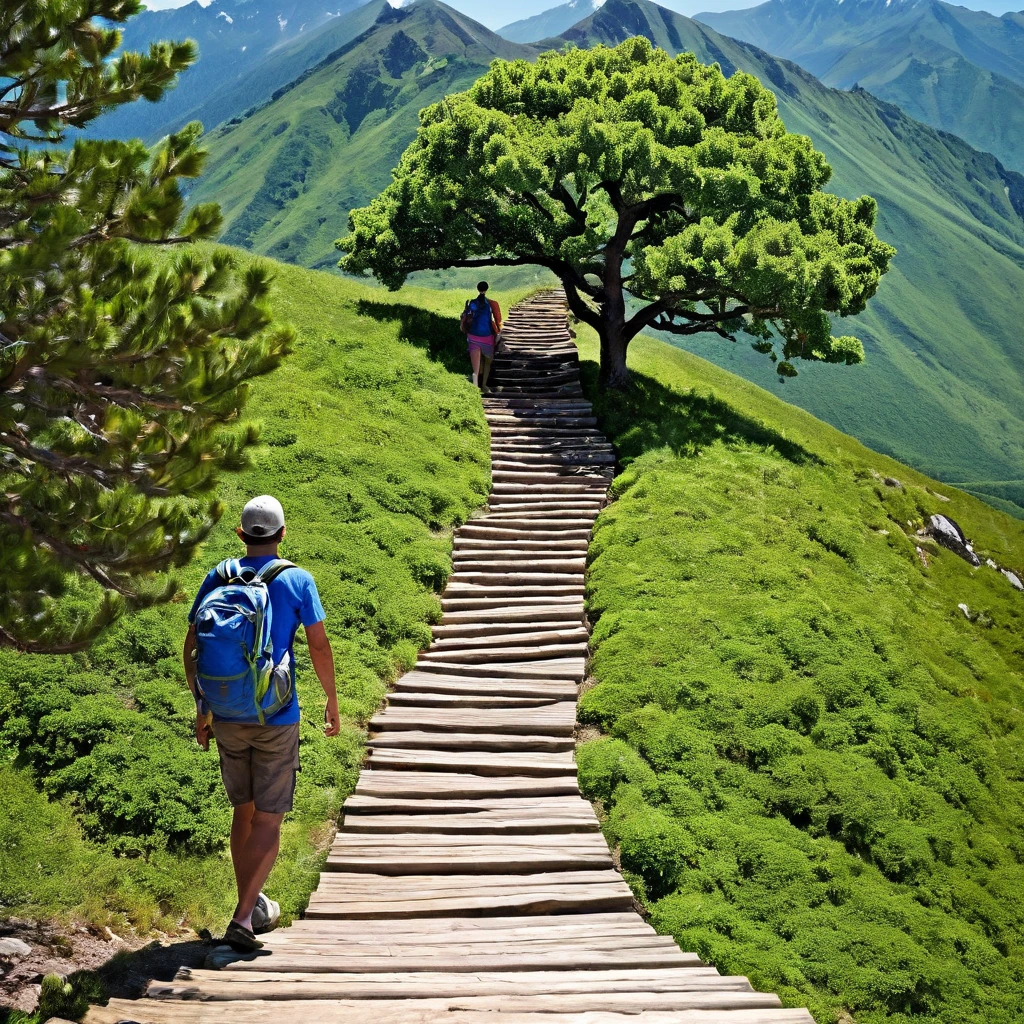 Create an image representing a group of people focused on personal development, social growth, and overcoming stagnation. The image should include the following elements:A Mountain or Staircase: Show someone climbing, symbolizing the effort and journey of growth.Group of People: Include a group of people smiling and interacting, representing socialization and mutual support.Path: Add a road or trail extending to the horizon, indicating a promising future and continuous progress.Growing Tree: Include a robust tree, symbolizing growth and personal development.Open Book: Show an open book, representing learning and self-discovery.Upward Arrows: Add graphics or icons of arrows pointing upwards, showing progress and advancement.The image should have an inspiring and motivational tone, with vibrant colors that convey energy and positivity.