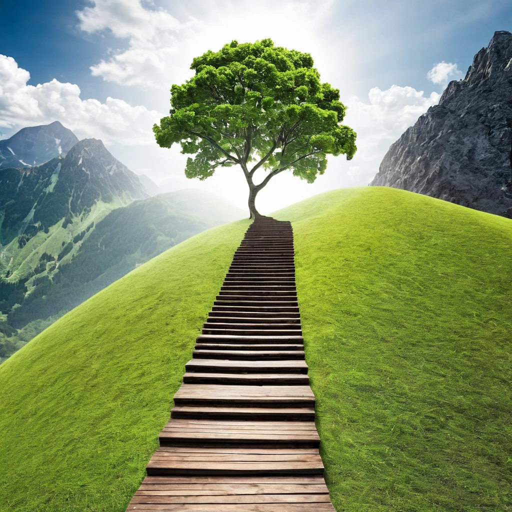 Create an image representing a group of people focused on personal development, social growth, and overcoming stagnation. The image should include the following elements:A Mountain or Staircase: Show someone climbing, symbolizing the effort and journey of growth.Group of People: Include a group of people smiling and interacting, representing socialization and mutual support.Path: Add a road or trail extending to the horizon, indicating a promising future and continuous progress.Growing Tree: Include a robust tree, symbolizing growth and personal development.Open Book: Show an open book, representing learning and self-discovery.Upward Arrows: Add graphics or icons of arrows pointing upwards, showing progress and advancement.The image should have an inspiring and motivational tone, with vibrant colors that convey energy and positivity.