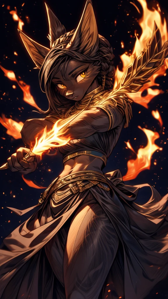 Masterpiece Best quality, the best definition to add aesthetic and lighting details Black girl jackal, egiptian clothes, teen girl, ,black body, ( the best definition in the body, good attributes, stylized body, slanted eyes, sensual look) egipt landscape, golden tattoo body, sensual eyes, yellow pupil, He has 2 kunai in his hands, battle pose, background fire add_detail , bow and arrows about to be shot , tauret godness