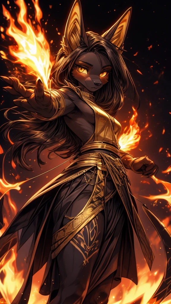 Masterpiece Best quality, the best definition to add aesthetic and lighting details Black girl jackal, egiptian clothes, teen girl, ,black body, ( the best definition in the body, good attributes, stylized body, slanted eyes, sensual look) egipt landscape, golden tattoo body, sensual eyes, yellow pupil, He has 2 kunai in his hands, battle pose, background fire add_detail , bow and arrows about to be shot , tauret godness